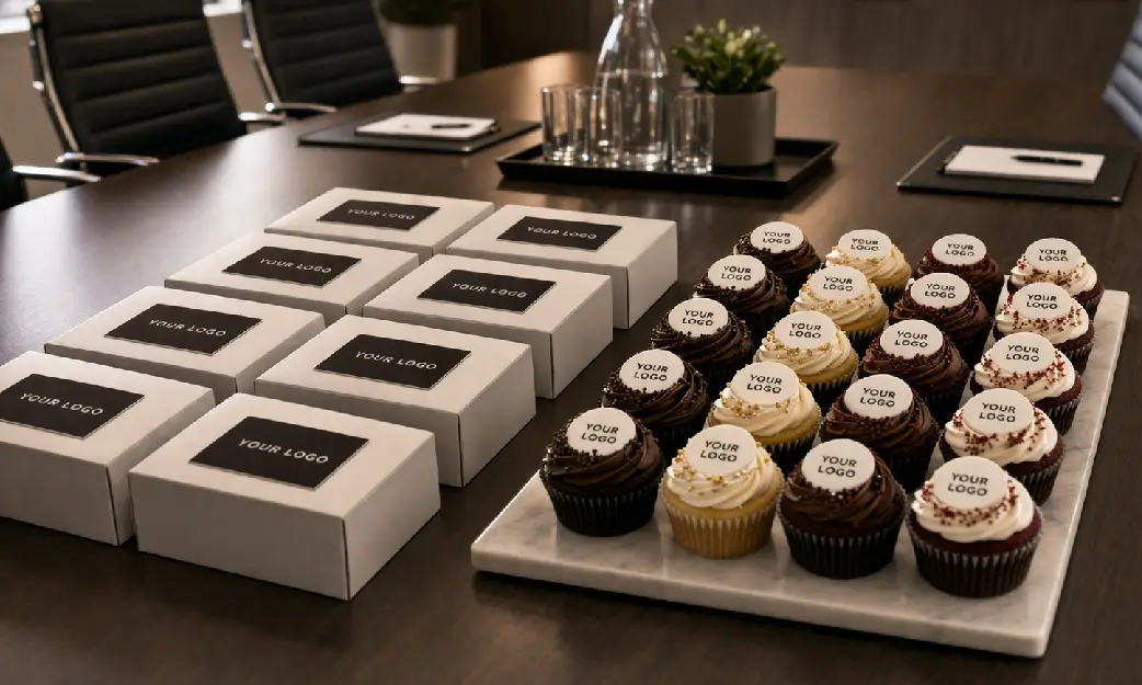 corporate meeting dessert setup in Dubai with cakes and dessert boxes for office events